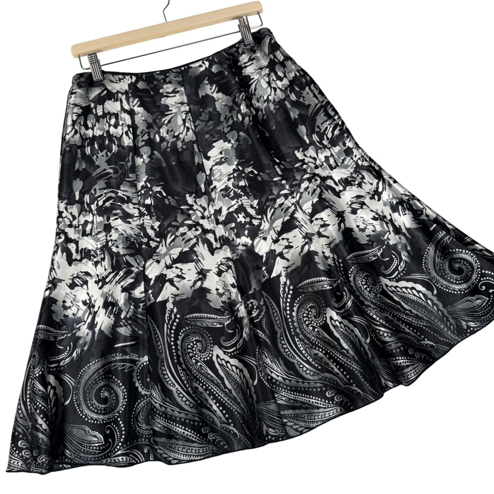 Chico's Midi Skirt Womens 1 M Black Silver Paisley Floral A-Line Dressy Elegant - Picture 1 of 7